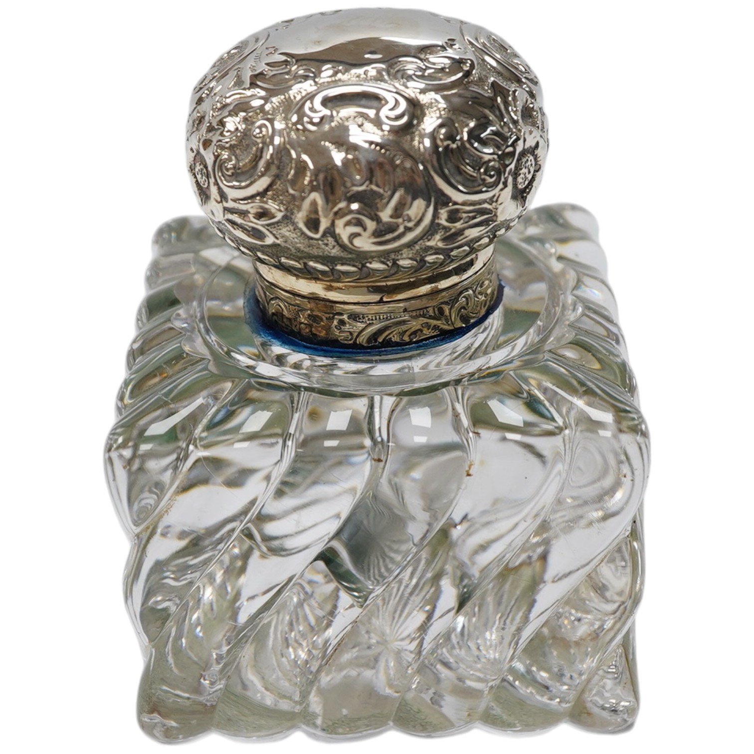 A late Victorian square wrythened fluted glass silver mounted ink pot, height 12cm. Condition - fair